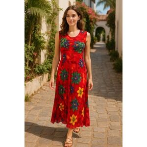 La Di Da Red Floral Crinkle Rayon Maxi‎ Dress Size M Boho Tropical Artsy Resort